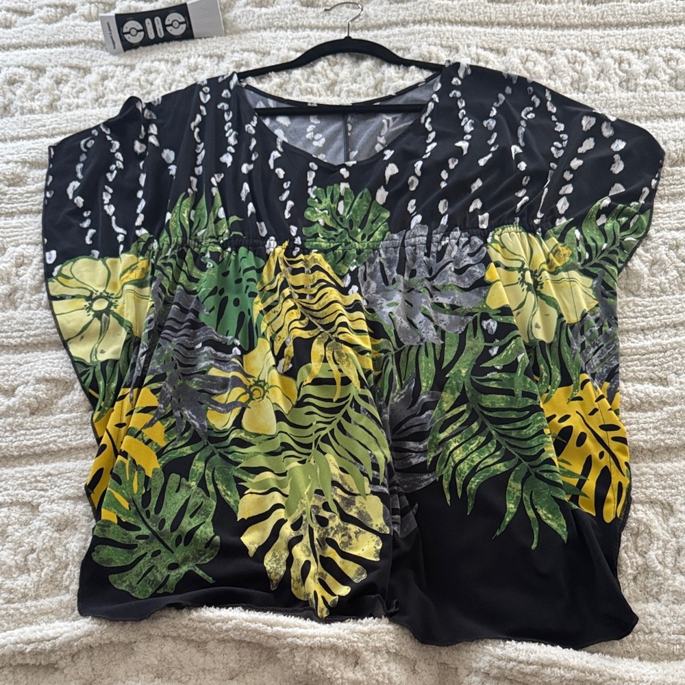 Lane Bryant Black and Green Leaf Print Blouse